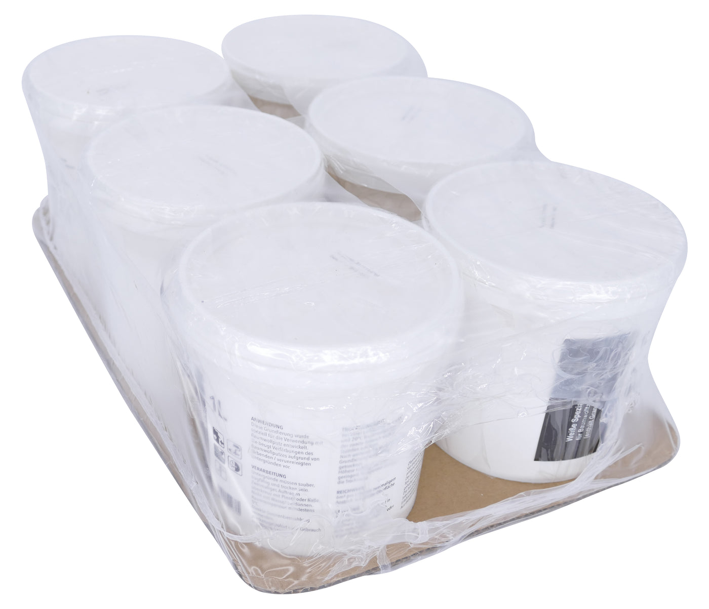 6 cups of insulating paint, each 1 liter, with granules for cotton plaster (coverage of up to 6 m² per liter on non-absorbent surfaces)